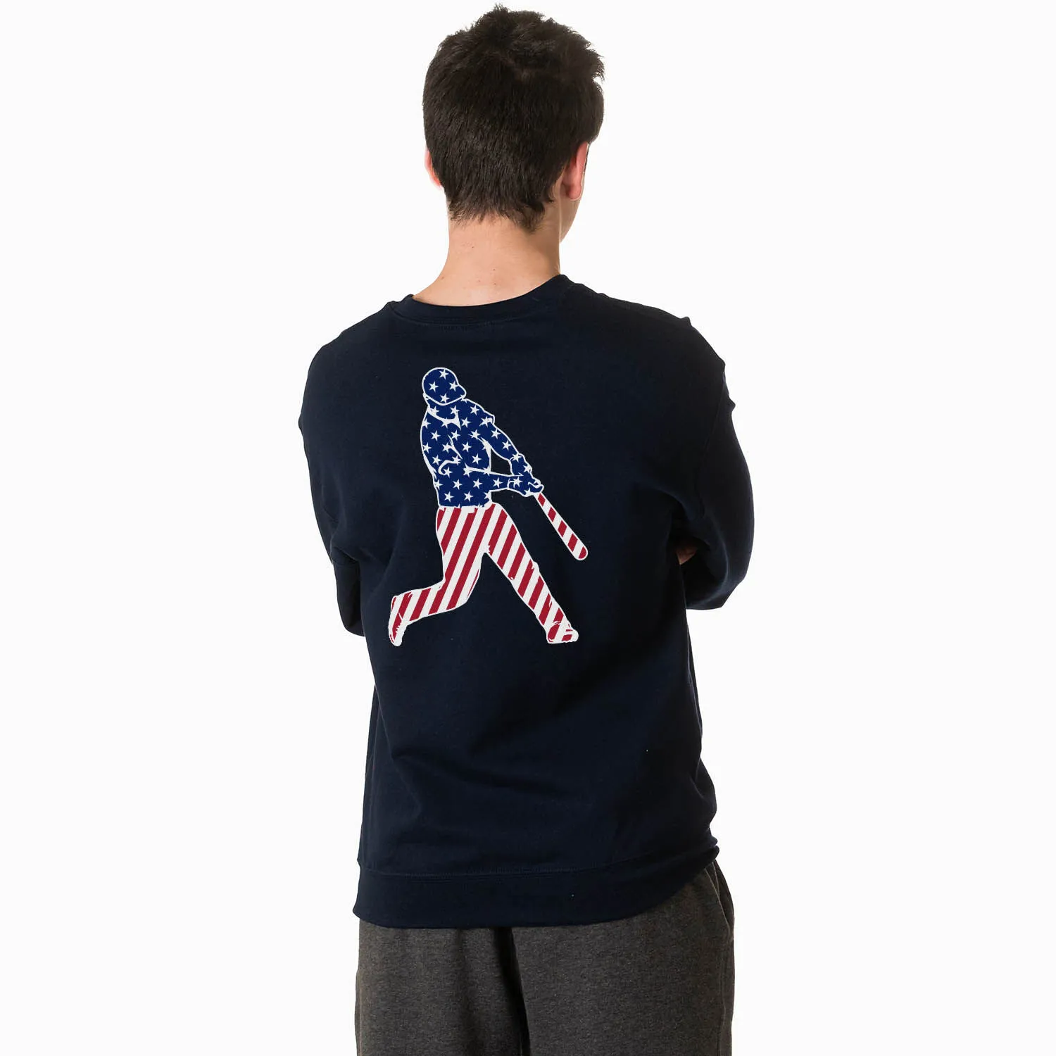 Baseball Crewneck Sweatshirt - Baseball Stars and Stripes Player (Back Design) 